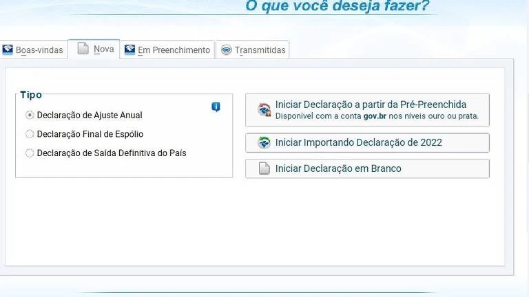 Página inicial do programa do Imposto de Renda no computador
