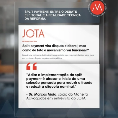 O sistema de apuração e recolhimento automático de impostos trazido pela Reforma Tributária, o “split payment”, tem ganhado espaço no centro dos debates políticos e econômicos recentes. Mas como o mecanismo pode, de fato, impactar a dinâmica das empresas?  O portal JOTA ouviu especialistas e atores do mercado para separar a narrativa política da análise técnica sobre a ferramenta. O tributarista Dr. Marcos Maia, sócio do Maneira Advogados, pontua que a legislação já prevê uma aplicação gradual e espaço regulatório para a adoção facultativa, ressaltando a importância do sistema para a segurança e previsibilidade fiscal.  “Hoje vivemos sem split payment, e o sistema tributário funciona. Mas, com a reforma, adiar a implementação é atrasar o início de uma solução pensada para reduzir a fraude e reduzir a alíquota nominal”, destaca Maia.  A matéria completa analisa os prazos, a fase de testes prevista para os próximos anos e os impactos reais para o ambiente corporativo B2B. Leia no link.   #ManeiraAdvogados #DireitoTributario #ReformaTributaria #SplitPayment #ManeiraNaMídia